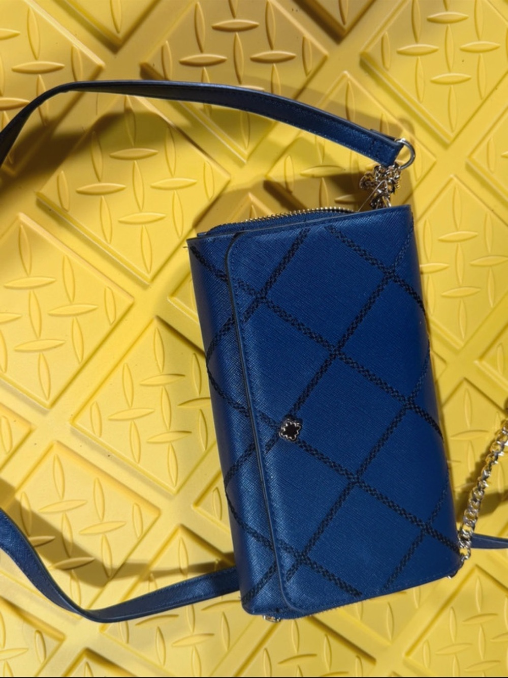 crown & ivy Blue Quilted Crossbody with Chain Accent